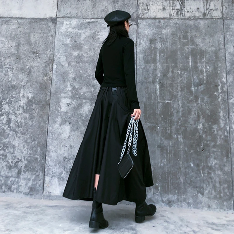 [EAM] High Elastic Waist Black  Buckle Split Joint IrregularHalf-body Skirt Women Fashion Tide New Spring Autumn 2020 1DA108