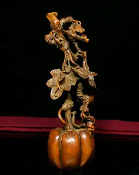 

wedding decoration 8" China Folk Collect Boxwood Wood Carved Bring Wealth Pumpkin frog Adorn Statue