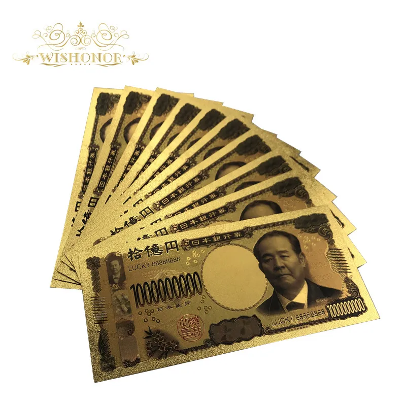 10Pcs/lot Lucky 888 Color Japan Banknote 1 Billion Yen Banknotes in 99.9% Gold Plated Fake Paper Money For Collection