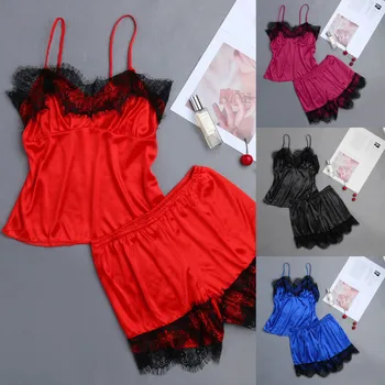 

Womens Plus Size Pajamas Sethome Clothes Adjusted-Straps Eyelash Lace Lingerie Bodydoll V-neck Lace Details Pajamas Set 2020