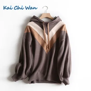 

Kai Chi Wan autumn and winter Korean fashion simple women's new color blocked hooded knitted pullover Long Sleeve Sweater Top