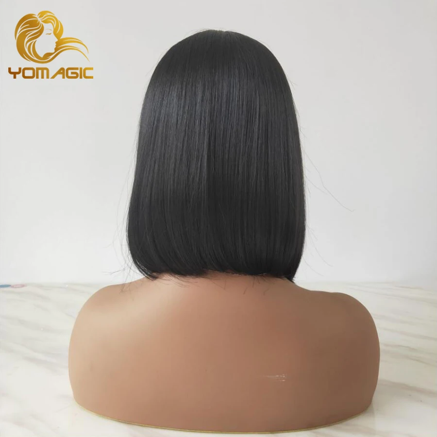 Yomagic Hair Black Color Synthetic Hair Lace Part Wigs with Baby Hair Straight Hair Short BoB T Lace Wigs with Pre Plucked