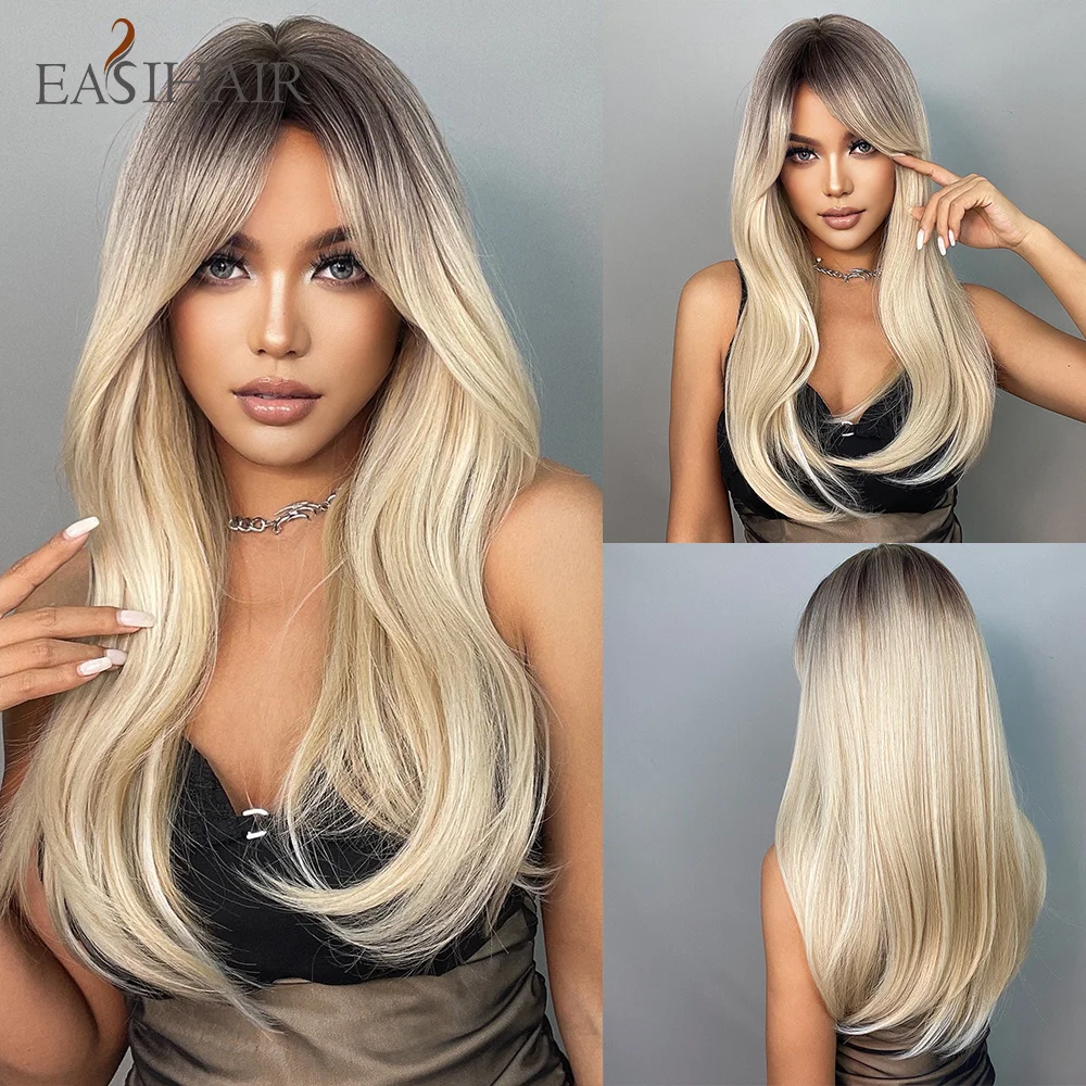 EASIHAIR Long Ombre Brown Black Light Blonde Synthetic Wigs with Bangs Heat Resistant Straight Wigs for Women Daily Use Party intense very light blonde интенсивный очень светлый блонд 99 0