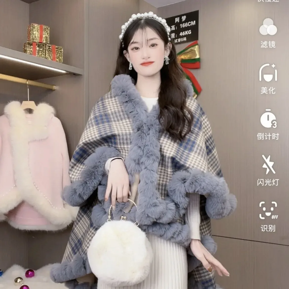2021 Oversize Long Sleeve Vintage Warm Coat Winter Two Layer Faux Fur Pashmina Women Striped Plaid Printed Female Cardigan Shawl women gril long pashmina burgundy color turkish made 100 acrylic elegant lovely quality product 2021 trend fashion style pancho model handy