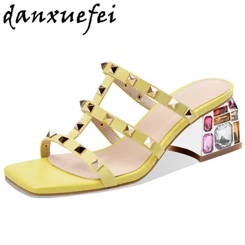 

Women's genuine leather narrow band rivet sandals thick high heel crystal female opne toe summer comfortable pumps dress shoes