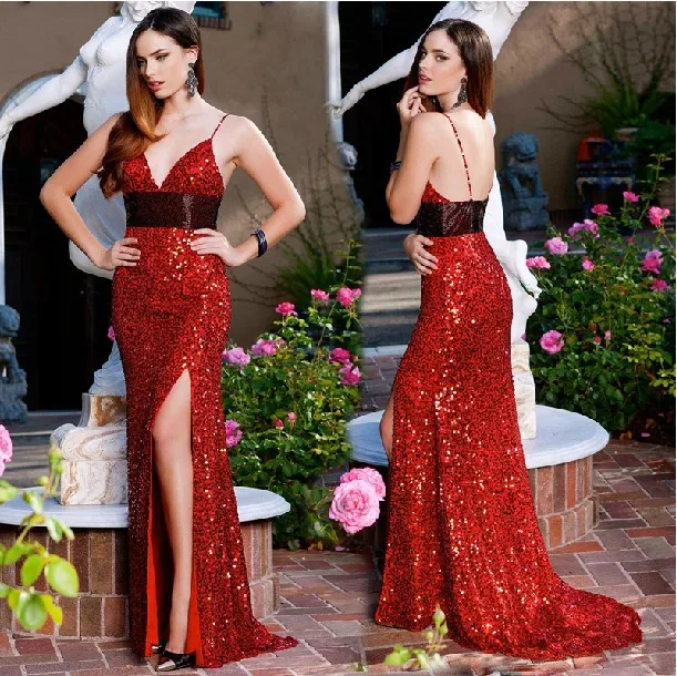 Vestido de festa formatura новые модные пикантные женские туфли с низким вырезом на спине сексуальное нижнее белье с глубоким v-образным вырезом красный длинный, с блестками, вечерние платья платье для выпускного подружки невесты - Цвет: Красный