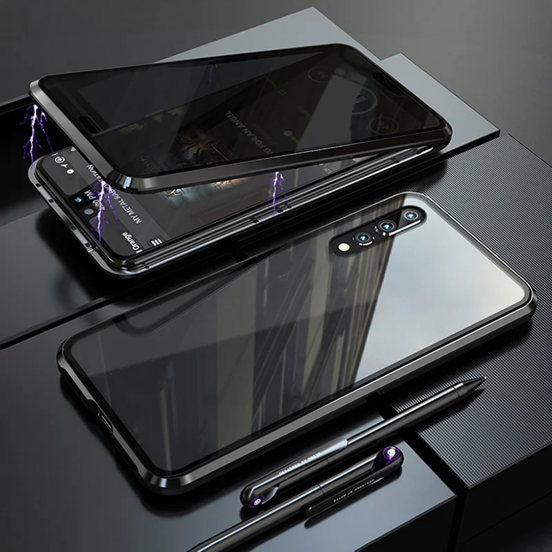 Роскошный Магнитный чехол для huawei P20 P30 Pro Lite с защитой от подзорья, переднее и заднее закаленное стекло, 360 магнит, антишпионский защитный чехол Coqu - Цвет: Black