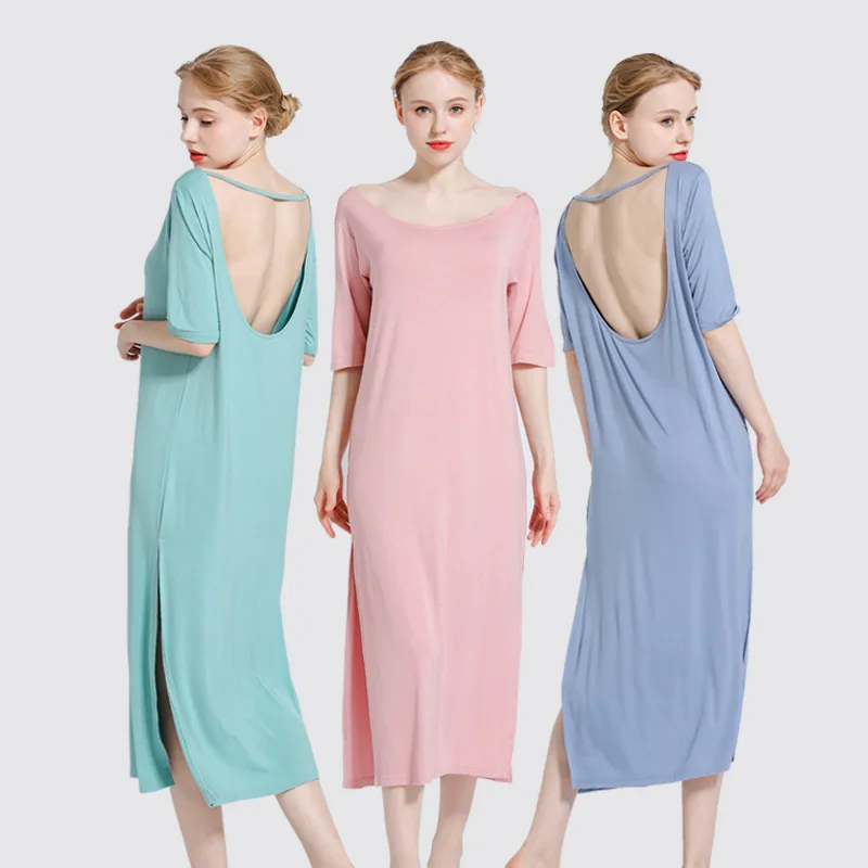 

Nightgown Female Summer Modal Cotton Sexy Sleepwear Female Summer Short Sleeved Plus-sized Loose-Fit Solid Color Backless Long H