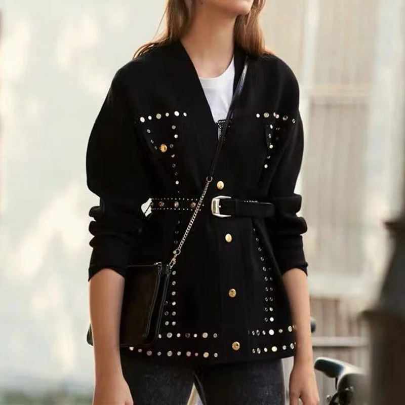 Черная куртка для подиума для женщин осень новое пальто с заклепками