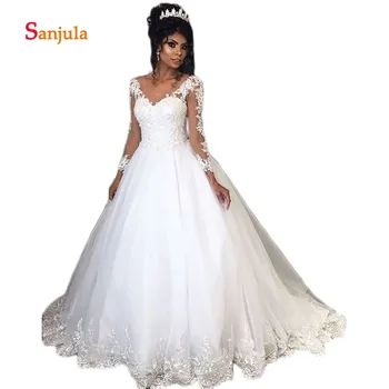 

Long Sleeve African Wedding Dresses V Neck Puffy A-Line Bridal Wear Lace Appliques Wedding Gowns vestido de noiva D1484