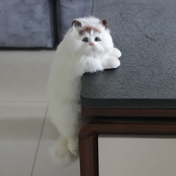 

White Fluffy Simulated Cat Vivid Handmade Cat Ornament Real Fur +PE Material Simulation Animal Crafts Adornment Kid Gift GY31