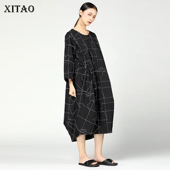 

XITAO Plus Size Pleated Dress Korea Fashion O Neck Pocket Long Wild Joker Geometric Pattern Pullover 2019 Autumn Elegant KZH2359