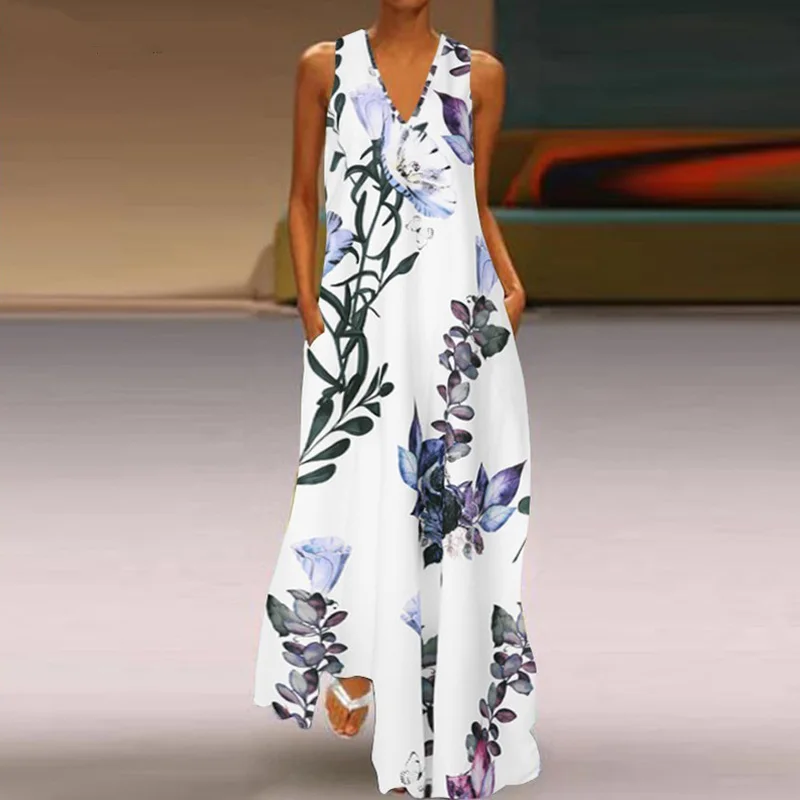 

Summer Sundress Women Long Maxi Dress Floral Printed Bohemian Dress Ladies Casual Pockets Long Tunic Robe Vestidos