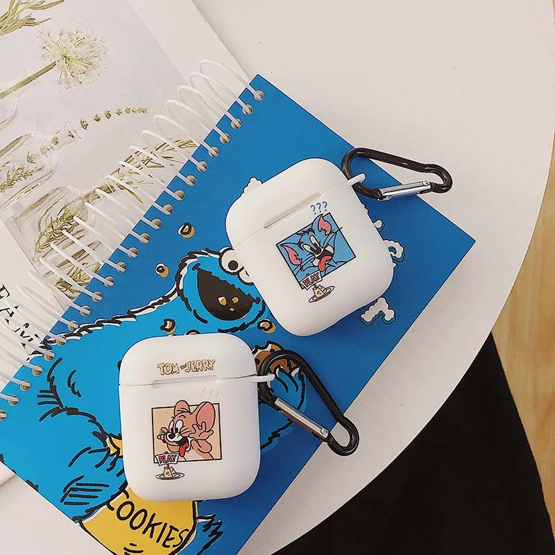 Чехол с кошкой и мышкой для airpods 1 2, беспроводной чехол для телефона с bluetooth, мягкий гелевый Чехол с карабином