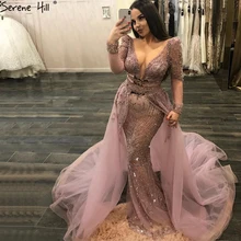 Синий Дубай Роскошные расшитое блестками платье вечерние платья с v-образным вырезом с длинным рукавом t-рубашка кофта Бисероплетение вечерних платьев Serene Hill LA60858