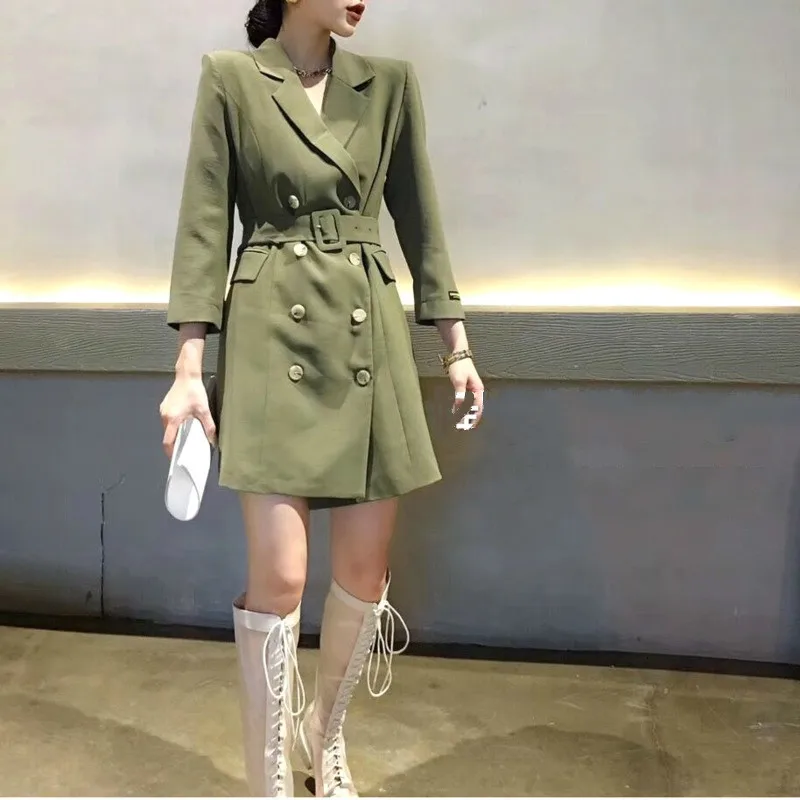 

XUXI 2019 Autumn Women Female Coat High Waist Thin Temperament Both Row Buckle Long Sleeve Woman Tide Clothing Moda Mujer FZ0090