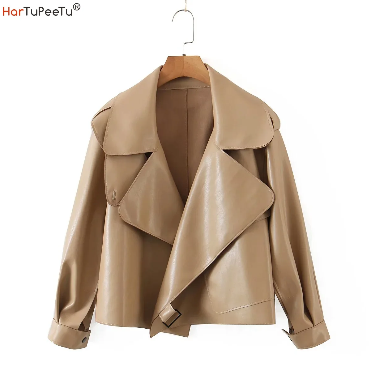 Womens Brown Faux Leather Jacket Loose Short Coat Jacket Spring Autumn Elegant Turn Down Collar Fall PU Outwear spring autumn motorcycle faux leather jacket women casual leather coat female long sleeve turn down collar solid outwear