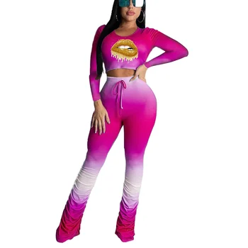 

Women's Cropped Shirt, Ruffle Pants, Long Sleeve Round Collar Elastic Sexy Lip Top, Pleated Sports Lace-up Trousers