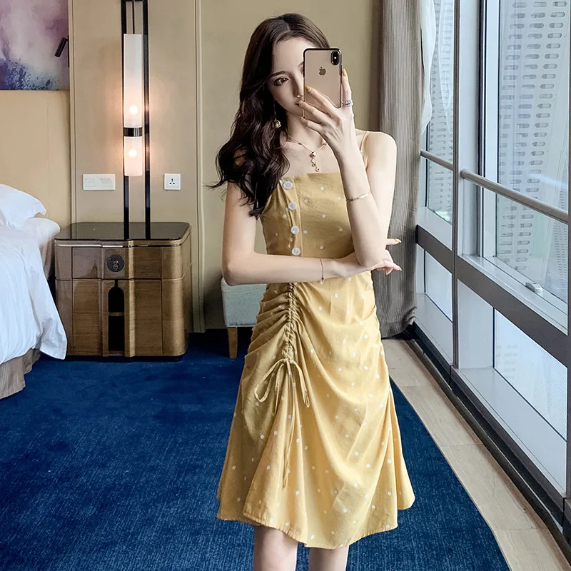 

Women's Dress 2019 Summer New Products Korean-style Elegant Polka Dot Drawstring Pleated Slimming Medium-length Strapped Dress