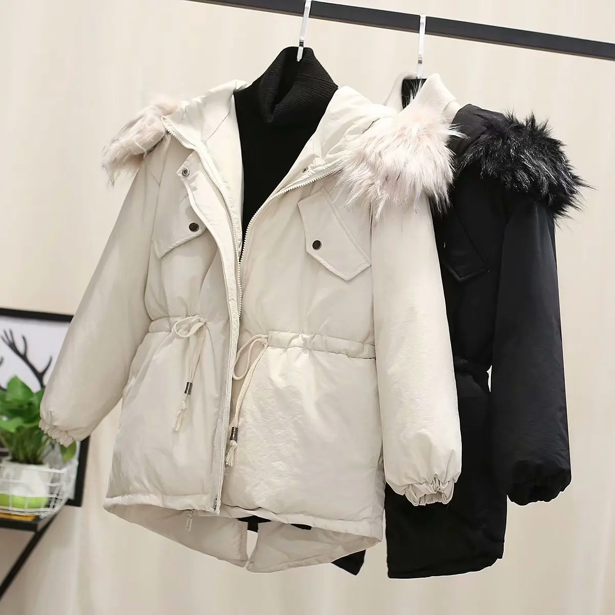 

2018 Winter New Style Korean-style Fashion Loose Large Fur Collar Waist Hugging Slit Mid-length Cotton-padded Clothes Woman Cott