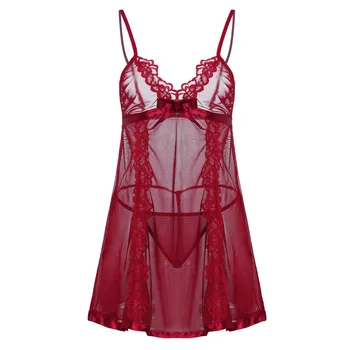 

Women Lace Lingerie Night Dress Sexy Deep V Neck Backless Nightgowns Sleepwear Perspective Camisola Nightwear Plus Size Nighty