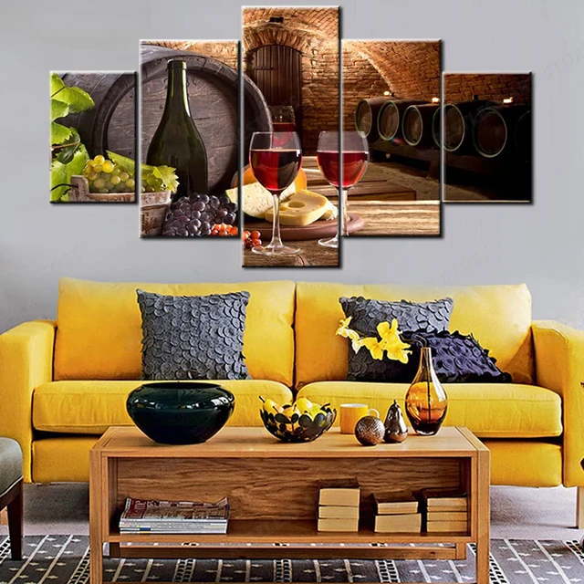 que te diviertas Engreído Circulo Cuadros de vino tinto para sala de estar, pinturas de uvas y frutas en  barril de madera para decoración moderna de la casa, lienzo de 5 paneles,  Gicle _ - AliExpress Mobile