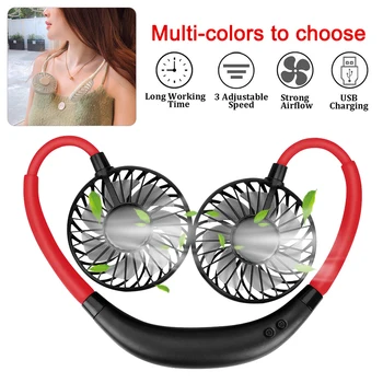 

Portable Mini Fan Lazy Neck Band Hanging USB Rechargeable Sports Double Dual Fan 3 Speeds Large battery Summer New