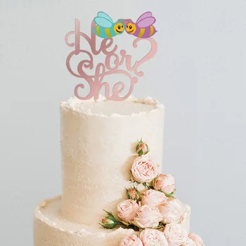

New Girl Or Boy Rose Gold Happy Birthday Cake Topper "He Or She" Acrylic Cake Topper For Baby Shower Party Cake Decorations