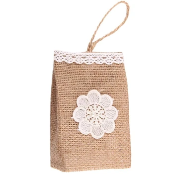 

Pack Of 6 Vintage Lace Flower Jute Linen Chocolate Candy Bags Burlap Gift Baskets With Handle Wedding Favors-E,8 x 5 x 12 Cm