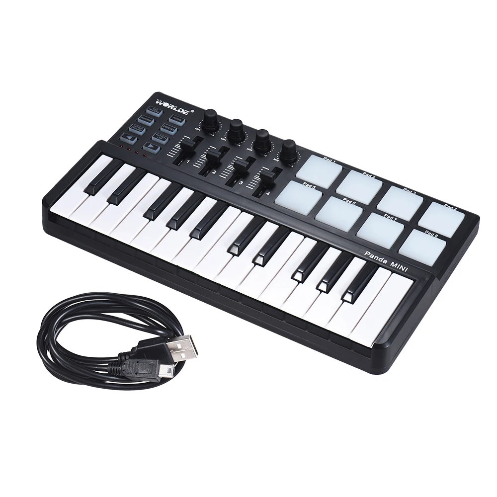 World Panda MINI 25-Key ультра-портативный USB MIDI контроллер клавиатуры 8 красочных триггерные подушки с подсветкой