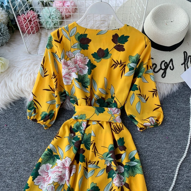 Boho V образным вырезом Летнее цветочное платье миди длинное шифоновое платье Вечерние Бандажное женское повседневное вечернее элегантное пляжное праздничное ТРАПЕЦИЕВИДНОЕ ПЛАТЬЕ