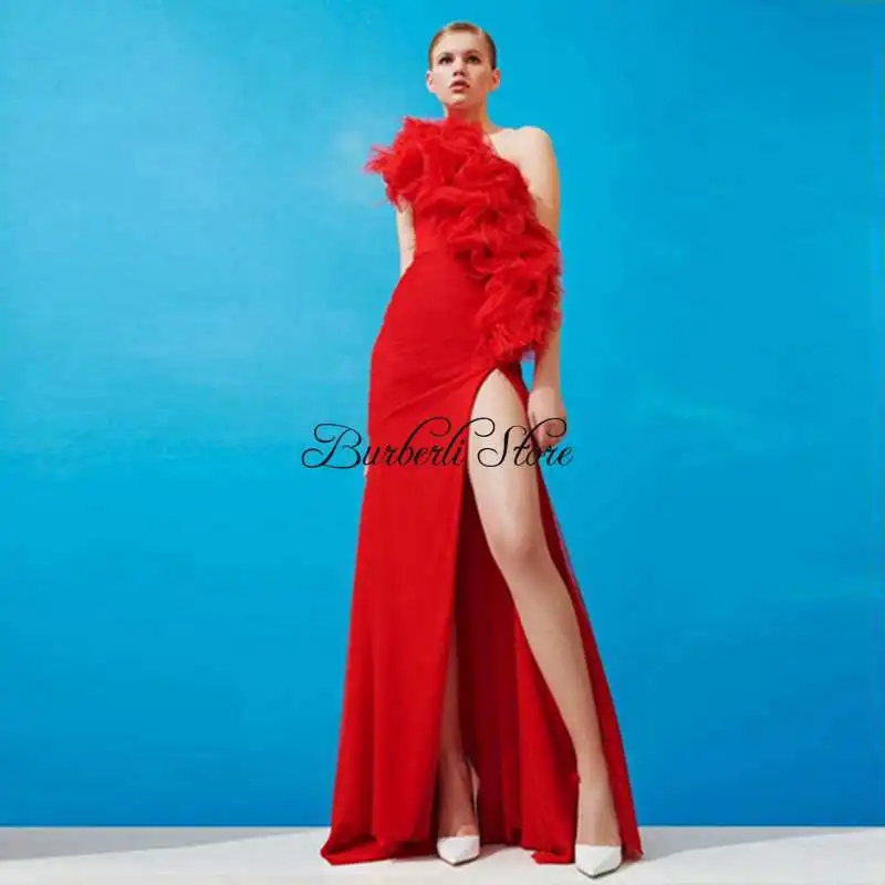 

Sexy High Split Red Mermaid Prom Gowns One Shoulder Tiered Ruffles Tulle Formal Party Dress Pretty Sleeveless Pageant Dresses