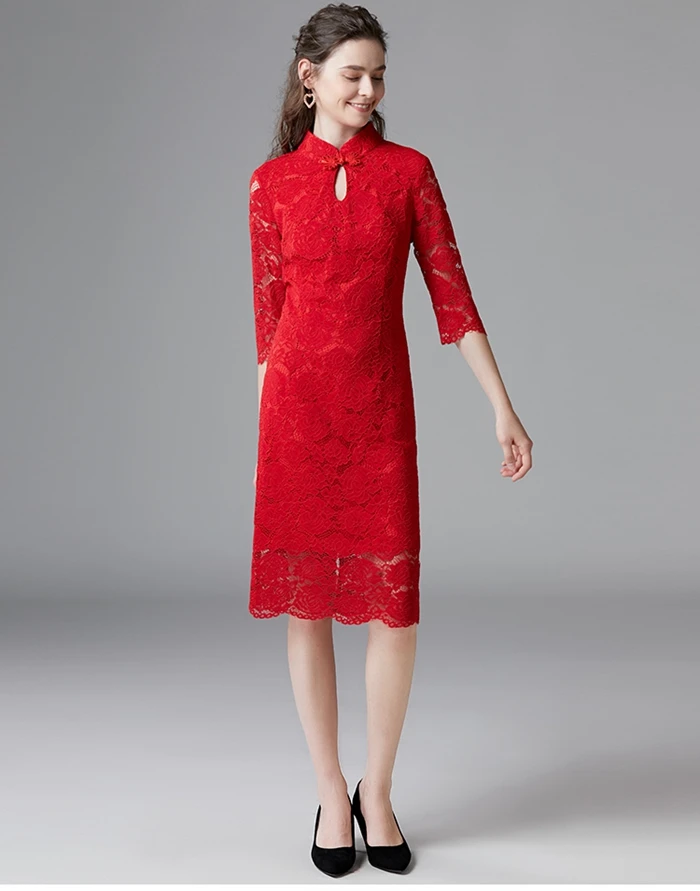 Китайский стиль фестиваль красное кружево cheongsam для женщин vestidos до колена Половина рукава 5XL бант натуральная Талия осеннее платье 14330