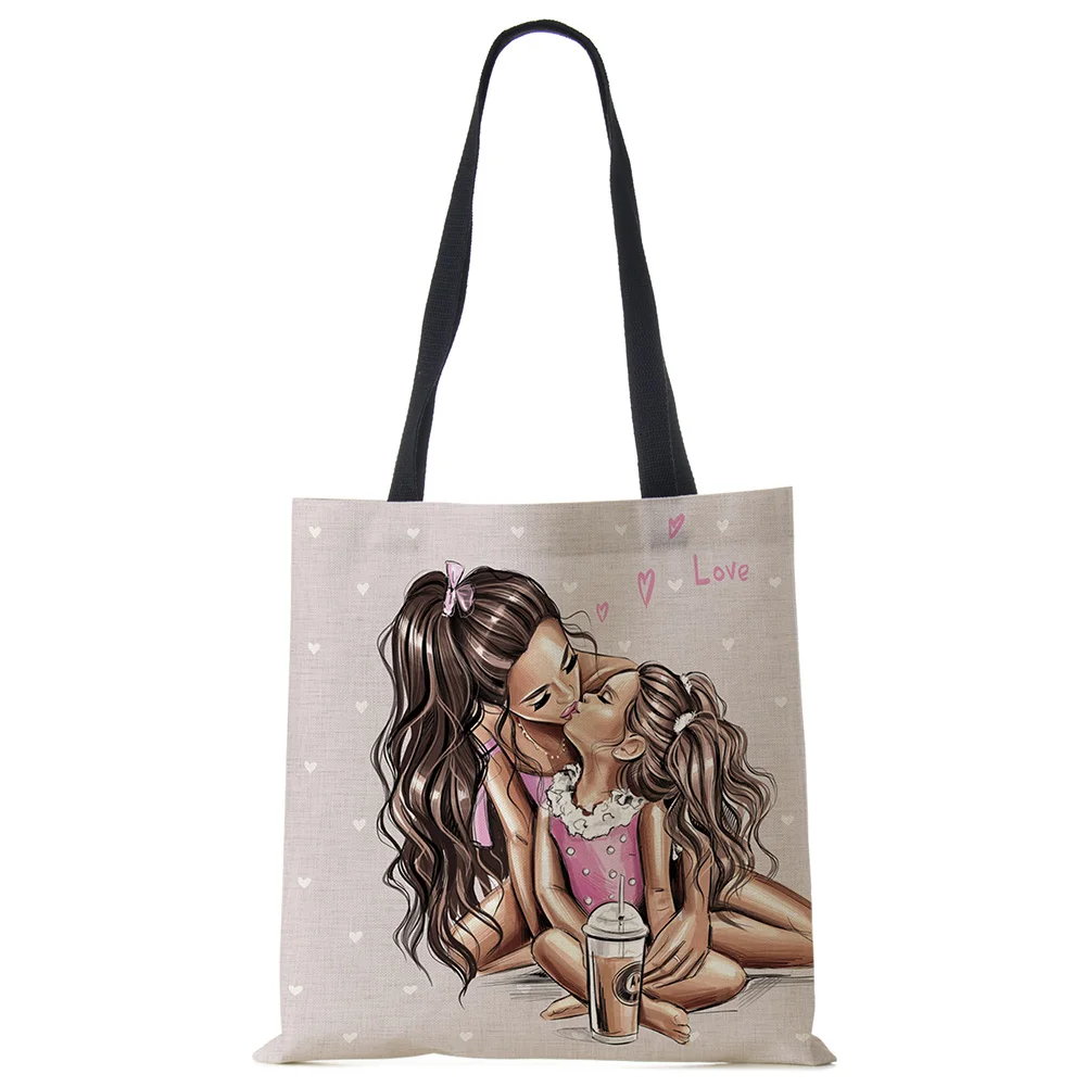 Cute Cartoon Super Mama Print Linen Tote Bag Reusable Shoulder Bags Mom and Baby Folding Women Casual Handbags Lady Fabric Totes shoulder bag canvas tote bag