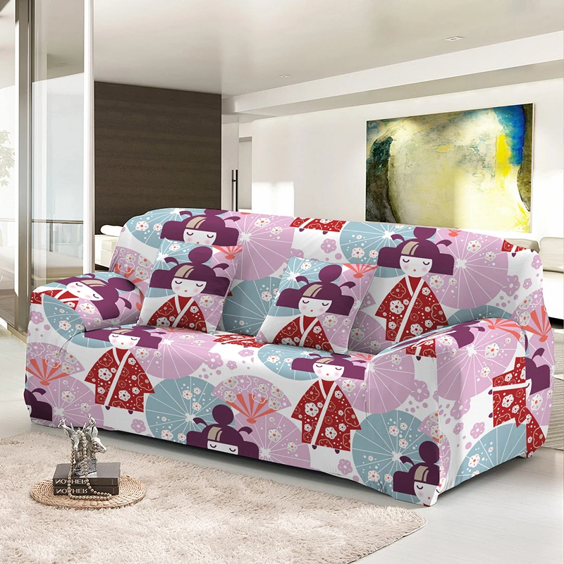 Cartoon Japanese Doll Elastic Sofa Cover For Living Room Decor 1/2/3/4 Seat Full Wrapped Slipcovers Dust-proof Couch Covers 4