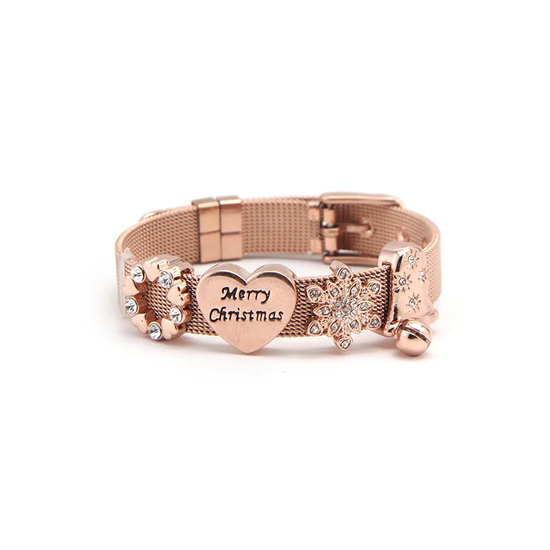 

Vinnie Design Jewelry Stainless Steel Rose Gold Mesh Bracelet Sets with 4 pcs Sliders Charms Christmas Keepers Wrap Bracelets