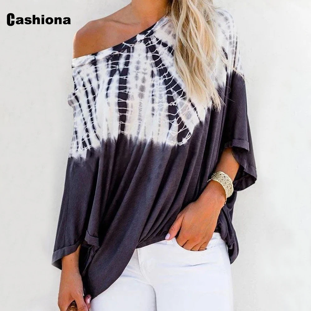 

Cashiona 2020 Women Casual Tshirt Summer New Fashion Tie Dry Print Tees Patchwork Color Loose Slash neck Long Sleeve Ladies Top