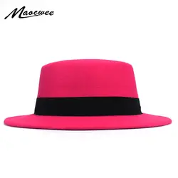 Фирменная Новинка шерсть канотье Flat Top Hat для Для женщин чувствовал широкими полями фетровая шляпа Laday прок пирог Chapeu де Feltro котелок