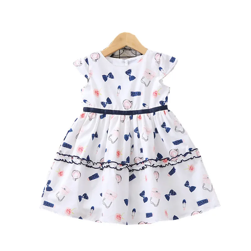 Летнее платье для девочек; детская одежда с кружевным бантом и принтом