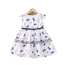 Летнее платье для девочек; детская одежда с кружевным бантом и принтом