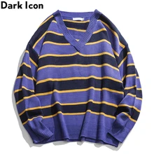 Темный значок фиолетовый полосатый свитер мужской пуловер с v-образным вырезом мужские свитера свитер в стиле хип-хоп Мужская Уличная одежда