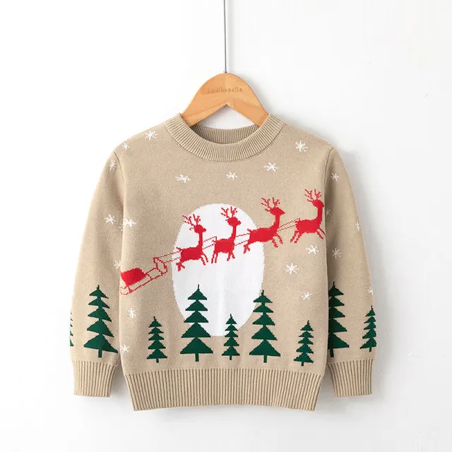 Autumn Winter Christmas Sweater Baby Boys and Girl Children O-Neck Print Knitted Sweater Kid Pullover Cartoon Teenager Sweater Apricot