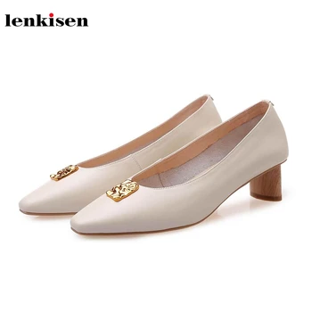 

Lenkisen genuine leather square toe med heels gentle Princess style ladies shoes metal decorations party autumn women pumps L67