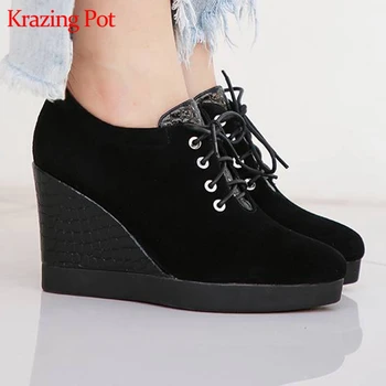 

Krazing Pot sheep suede super high heel pointed toe lace up handmade Autumn mature lady elegant wedge women increased pumps L62