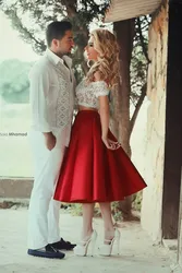Sexy Off-Shoulder Lace Bodice A Line Tea Length Red Satin Skirt Two Piece Short Prom 2018 Special Occasion bridesmaid dresses