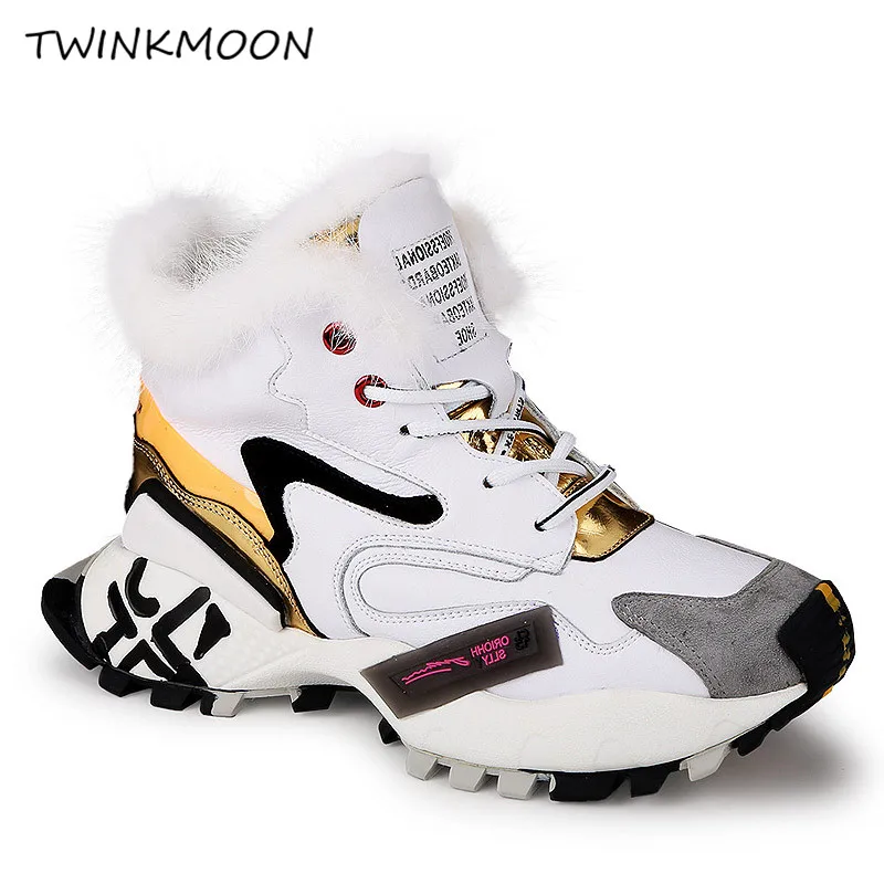 

Winter Fur Sneakers Platform Chunky Trainers Women's Winter Boots Ankle Length Bootie With Short Plush Lace Up Sneakers Women