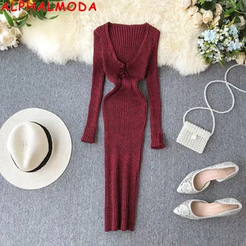 

ALPHALMODA Retro Dress 2019 New Low Collar Pullover Sexy Hip-wrapped Waist-slim Knitted One-step Dress Lacing Up Body-con Dress