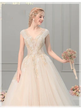 

Luxury deep V neck Beading Wedding Party Dress with court train Slender Princess A line Sexy Big Tail Bride Dress