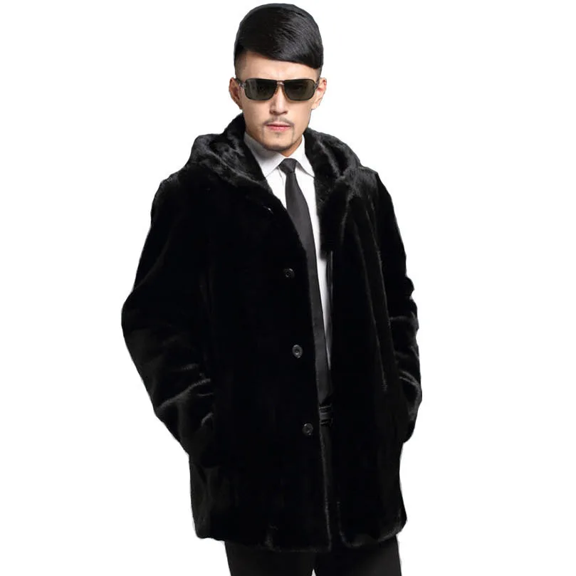 Mens Winter Hooded Faux Mink Fur Jacket Coats Male Long Fur Overcoats Large Size 4XL Black Outwears Casaco Masculino