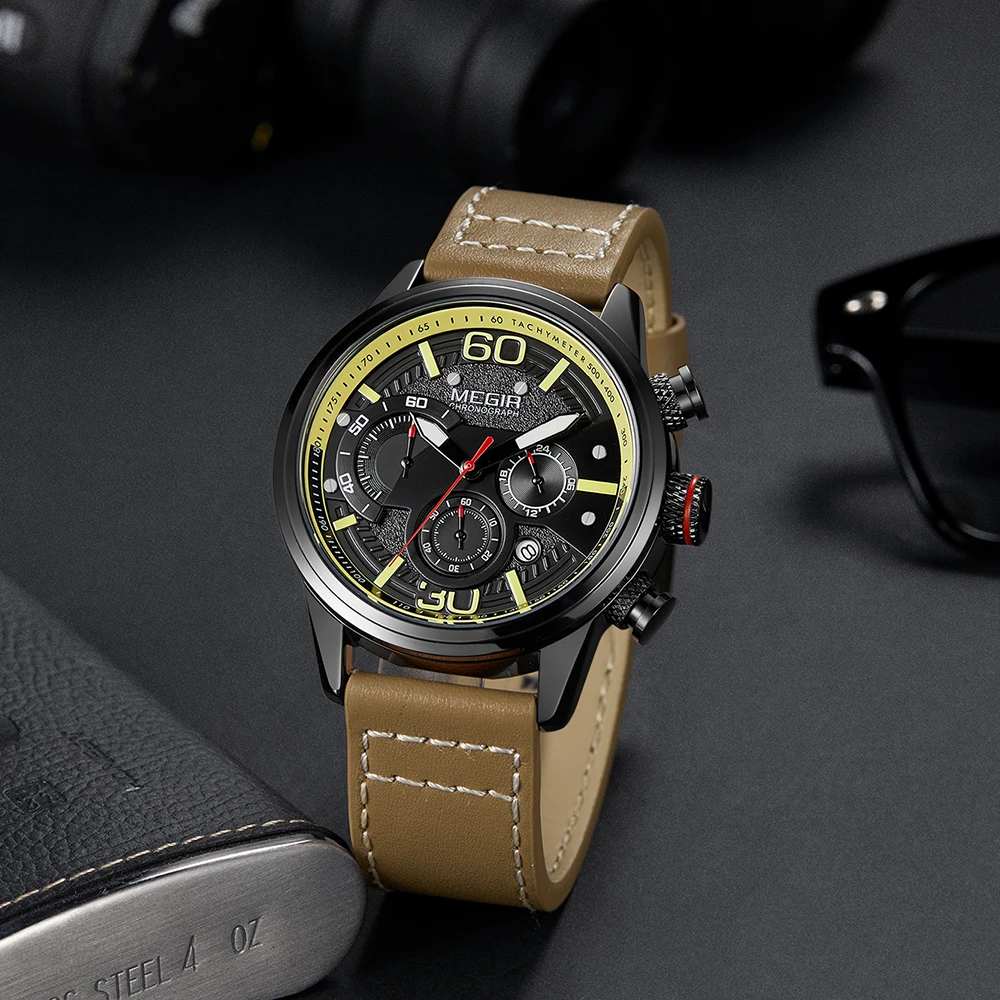 MEGIR, новые модные мужские часы с кожаным ремешком, Топ бренд, роскошные спортивные кварцевые часы с хронографом, мужские часы